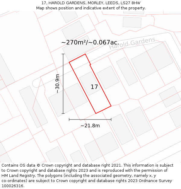 17, HAROLD GARDENS, MORLEY, LEEDS, LS27 8HW: Plot and title map