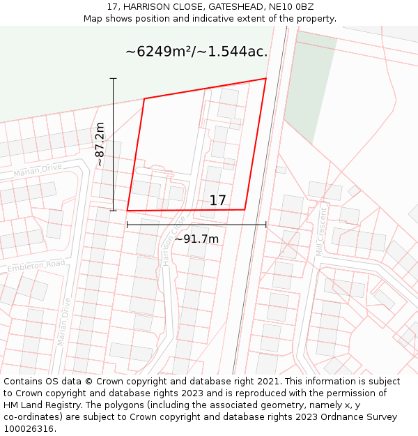 17, HARRISON CLOSE, GATESHEAD, NE10 0BZ: Plot and title map