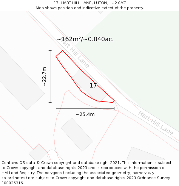 17, HART HILL LANE, LUTON, LU2 0AZ: Plot and title map