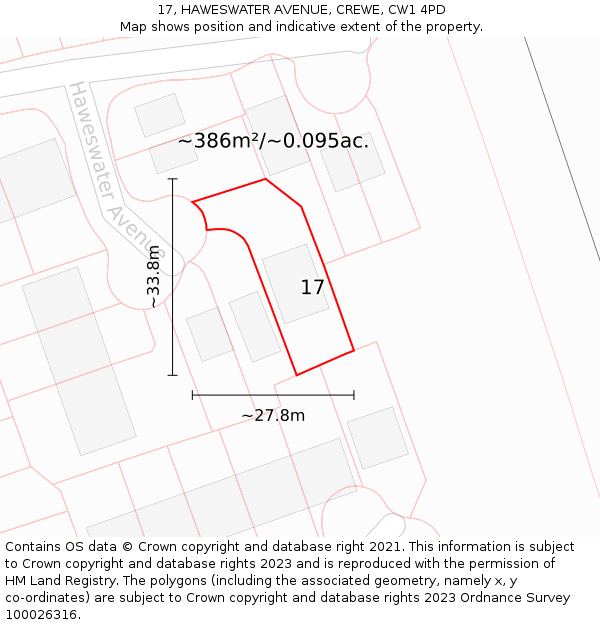 17, HAWESWATER AVENUE, CREWE, CW1 4PD: Plot and title map