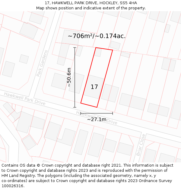 17, HAWKWELL PARK DRIVE, HOCKLEY, SS5 4HA: Plot and title map