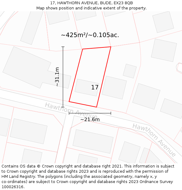 17, HAWTHORN AVENUE, BUDE, EX23 8QB: Plot and title map