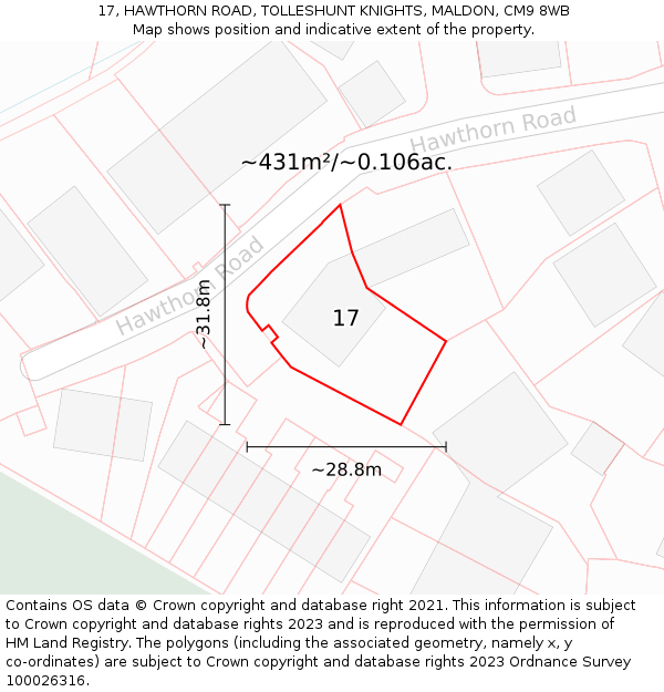 17, HAWTHORN ROAD, TOLLESHUNT KNIGHTS, MALDON, CM9 8WB: Plot and title map