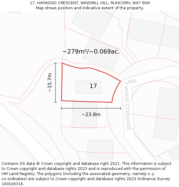 17, HAYWOOD CRESCENT, WINDMILL HILL, RUNCORN, WA7 6NA: Plot and title map