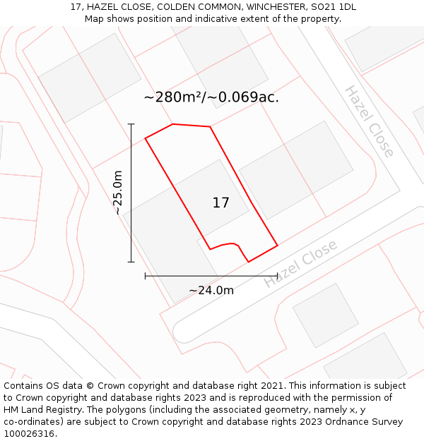 17, HAZEL CLOSE, COLDEN COMMON, WINCHESTER, SO21 1DL: Plot and title map