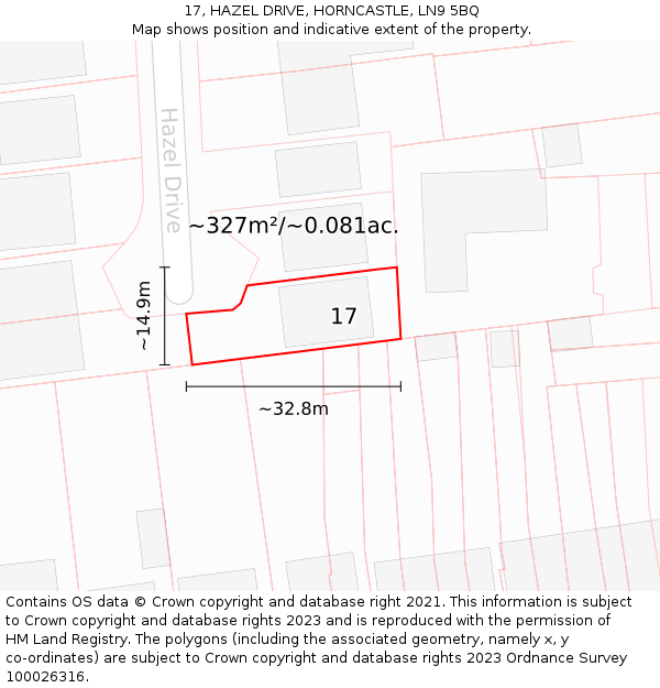 17, HAZEL DRIVE, HORNCASTLE, LN9 5BQ: Plot and title map