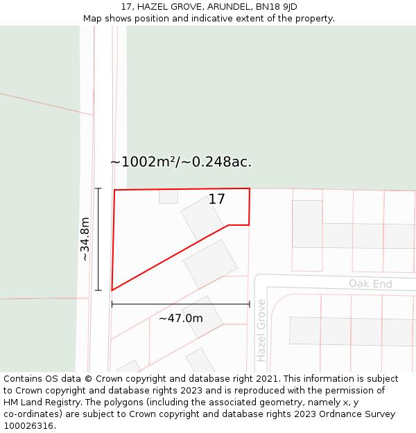 17, HAZEL GROVE, ARUNDEL, BN18 9JD: Plot and title map