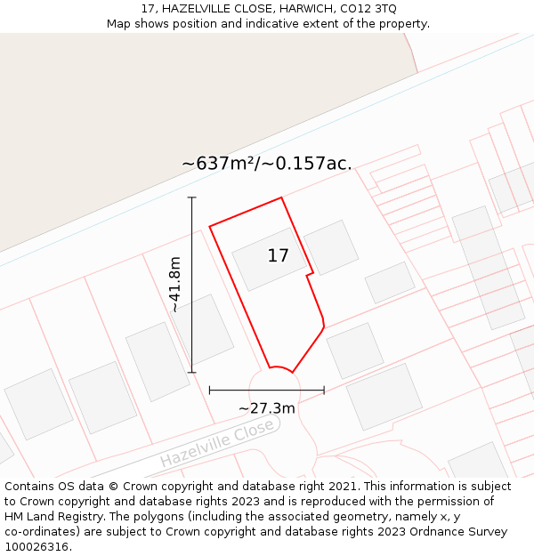 17, HAZELVILLE CLOSE, HARWICH, CO12 3TQ: Plot and title map