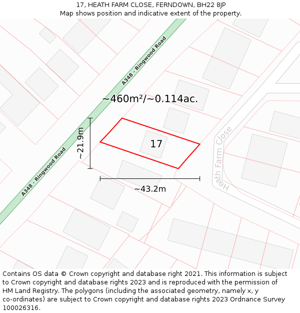 17, HEATH FARM CLOSE, FERNDOWN, BH22 8JP: Plot and title map