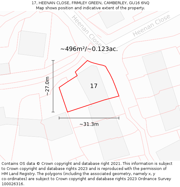 17, HEENAN CLOSE, FRIMLEY GREEN, CAMBERLEY, GU16 6NQ: Plot and title map