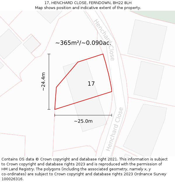 17, HENCHARD CLOSE, FERNDOWN, BH22 8LH: Plot and title map