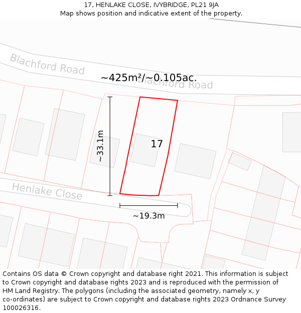 17, HENLAKE CLOSE, IVYBRIDGE, PL21 9JA: Plot and title map