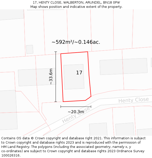 17, HENTY CLOSE, WALBERTON, ARUNDEL, BN18 0PW: Plot and title map