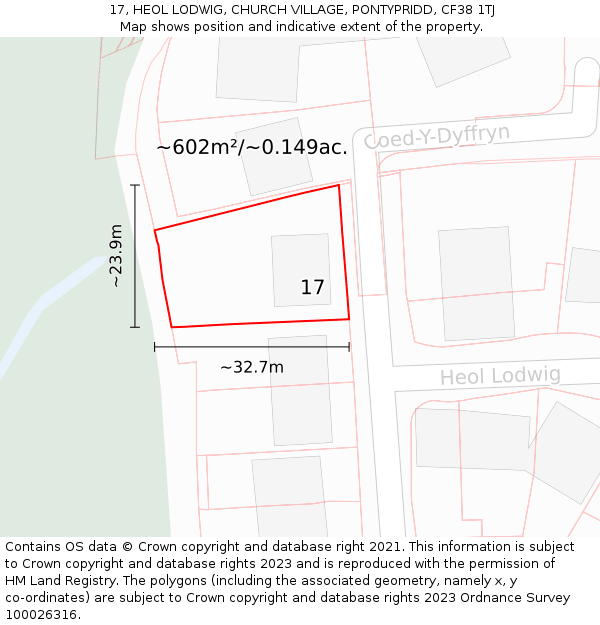 17, HEOL LODWIG, CHURCH VILLAGE, PONTYPRIDD, CF38 1TJ: Plot and title map