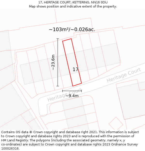 17, HERITAGE COURT, KETTERING, NN16 0DU: Plot and title map