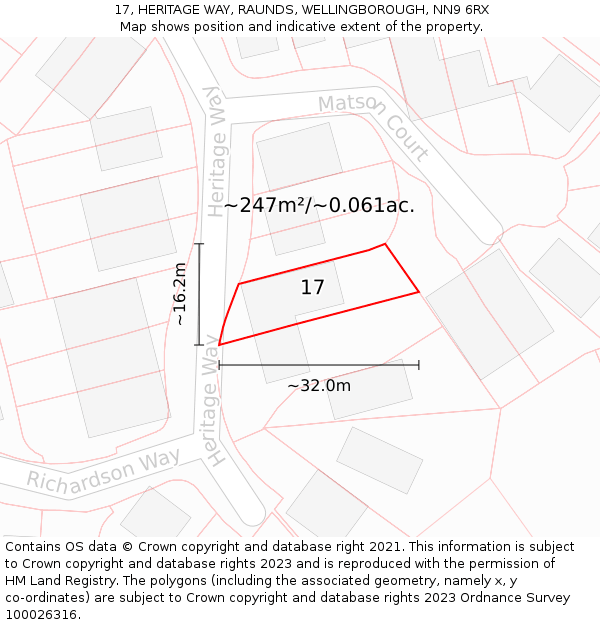 17, HERITAGE WAY, RAUNDS, WELLINGBOROUGH, NN9 6RX: Plot and title map