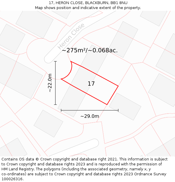 17, HERON CLOSE, BLACKBURN, BB1 8NU: Plot and title map