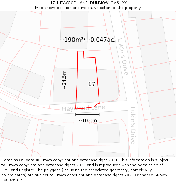 17, HEYWOOD LANE, DUNMOW, CM6 1YX: Plot and title map