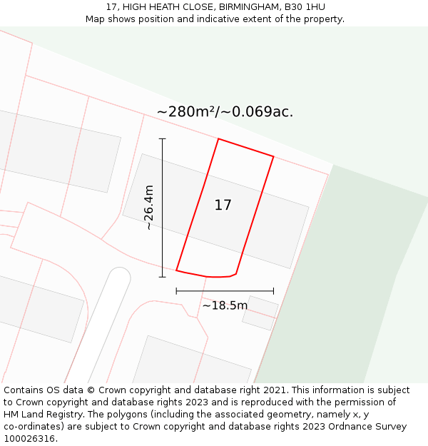 17, HIGH HEATH CLOSE, BIRMINGHAM, B30 1HU: Plot and title map