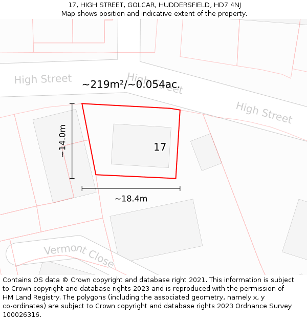 17, HIGH STREET, GOLCAR, HUDDERSFIELD, HD7 4NJ: Plot and title map