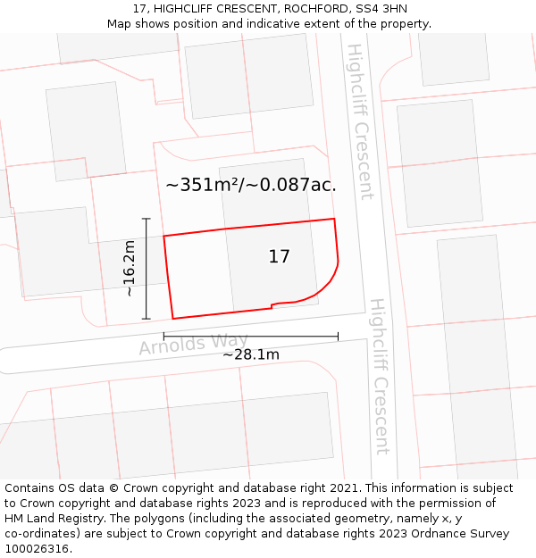 17, HIGHCLIFF CRESCENT, ROCHFORD, SS4 3HN: Plot and title map