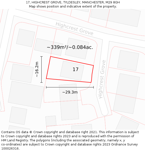 17, HIGHCREST GROVE, TYLDESLEY, MANCHESTER, M29 8GH: Plot and title map