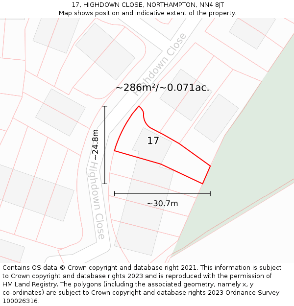 17, HIGHDOWN CLOSE, NORTHAMPTON, NN4 8JT: Plot and title map