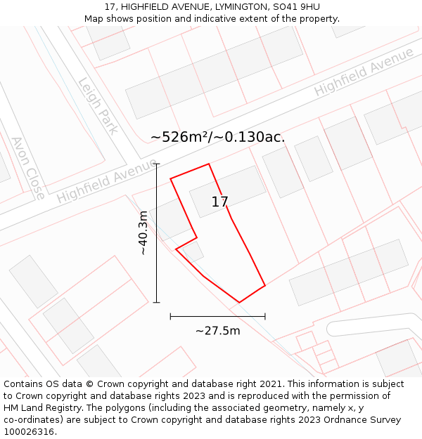 17, HIGHFIELD AVENUE, LYMINGTON, SO41 9HU: Plot and title map