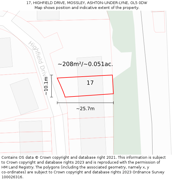 17, HIGHFIELD DRIVE, MOSSLEY, ASHTON-UNDER-LYNE, OL5 0DW: Plot and title map