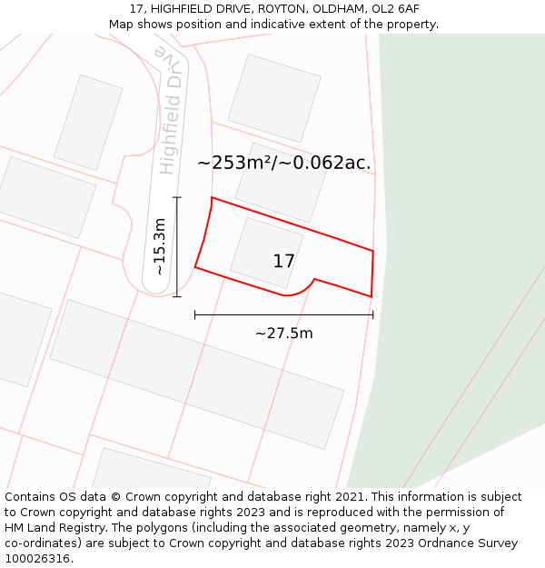 17, HIGHFIELD DRIVE, ROYTON, OLDHAM, OL2 6AF: Plot and title map