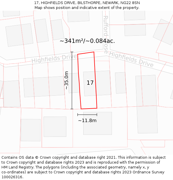 17, HIGHFIELDS DRIVE, BILSTHORPE, NEWARK, NG22 8SN: Plot and title map