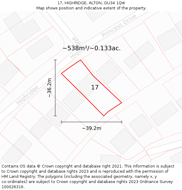 17, HIGHRIDGE, ALTON, GU34 1QW: Plot and title map