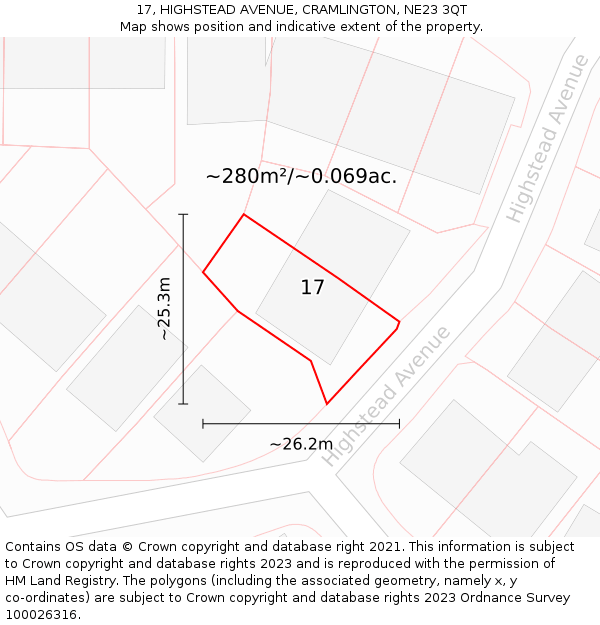 17, HIGHSTEAD AVENUE, CRAMLINGTON, NE23 3QT: Plot and title map