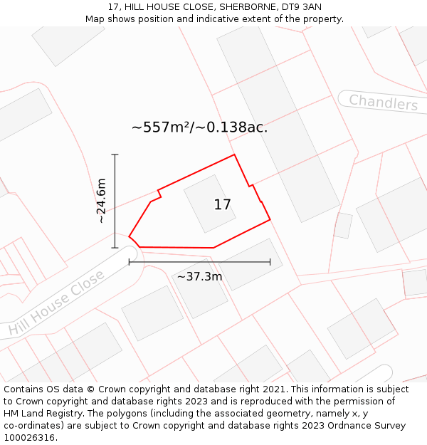17, HILL HOUSE CLOSE, SHERBORNE, DT9 3AN: Plot and title map