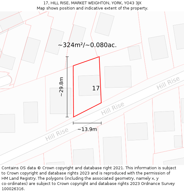 17, HILL RISE, MARKET WEIGHTON, YORK, YO43 3JX: Plot and title map