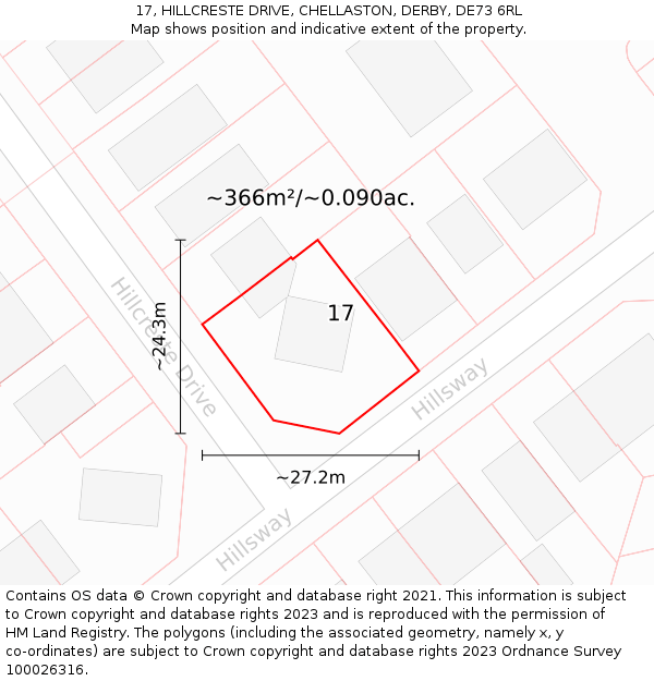 17, HILLCRESTE DRIVE, CHELLASTON, DERBY, DE73 6RL: Plot and title map
