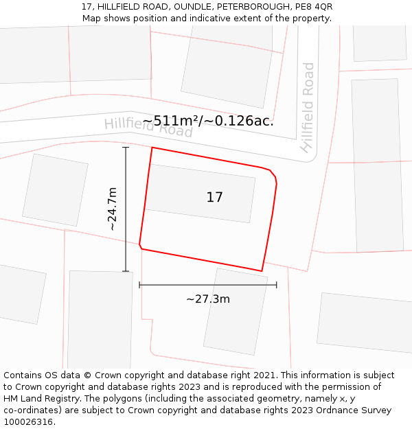 17, HILLFIELD ROAD, OUNDLE, PETERBOROUGH, PE8 4QR: Plot and title map