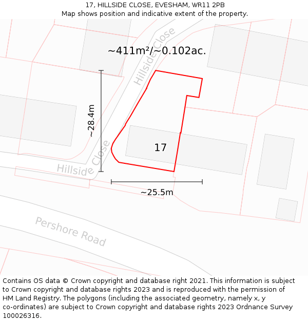 17, HILLSIDE CLOSE, EVESHAM, WR11 2PB: Plot and title map