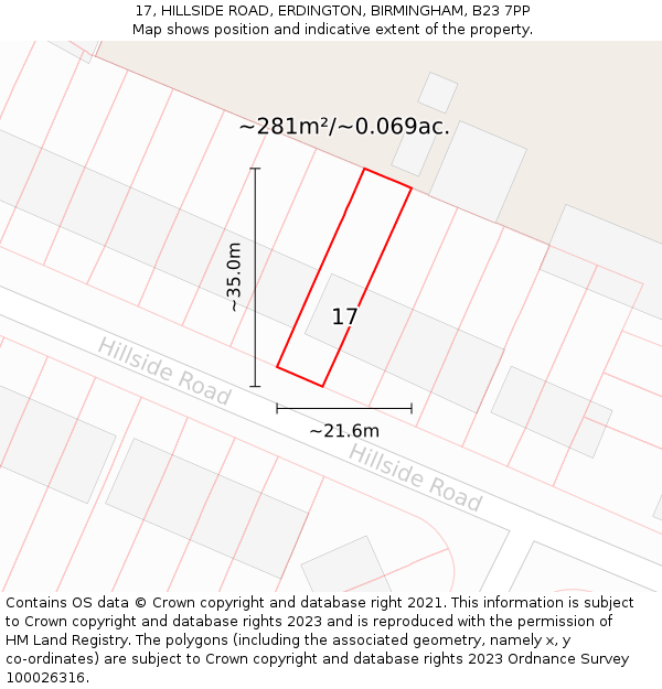 17, HILLSIDE ROAD, ERDINGTON, BIRMINGHAM, B23 7PP: Plot and title map