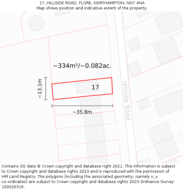 17, HILLSIDE ROAD, FLORE, NORTHAMPTON, NN7 4NA: Plot and title map