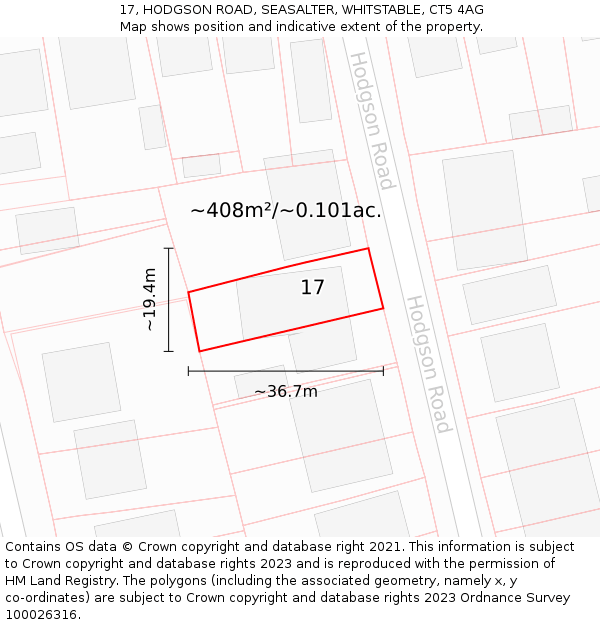17, HODGSON ROAD, SEASALTER, WHITSTABLE, CT5 4AG: Plot and title map