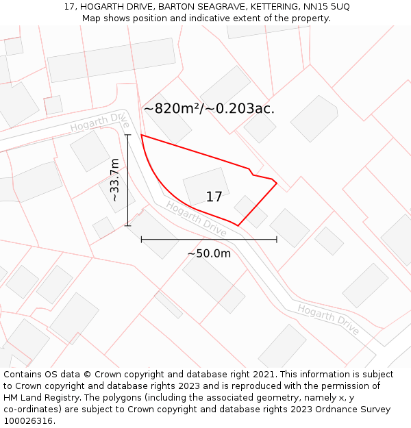 17, HOGARTH DRIVE, BARTON SEAGRAVE, KETTERING, NN15 5UQ: Plot and title map