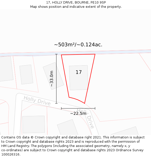 17, HOLLY DRIVE, BOURNE, PE10 9SP: Plot and title map