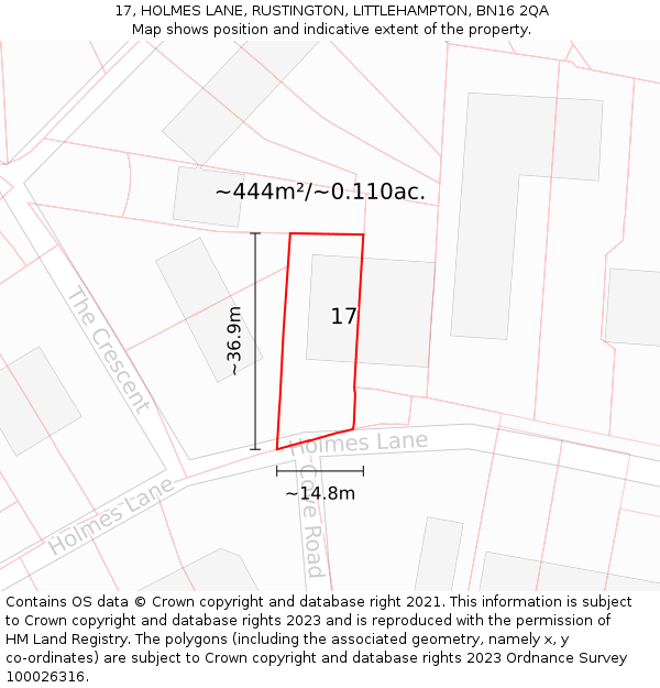 17, HOLMES LANE, RUSTINGTON, LITTLEHAMPTON, BN16 2QA: Plot and title map