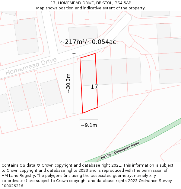 17, HOMEMEAD DRIVE, BRISTOL, BS4 5AP: Plot and title map