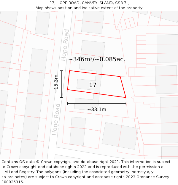 17, HOPE ROAD, CANVEY ISLAND, SS8 7LJ: Plot and title map