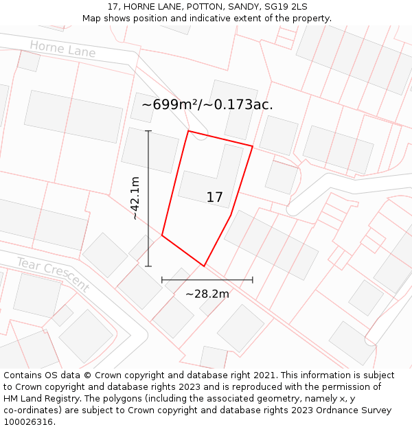 17, HORNE LANE, POTTON, SANDY, SG19 2LS: Plot and title map