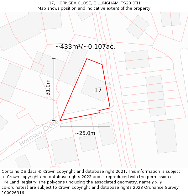 17, HORNSEA CLOSE, BILLINGHAM, TS23 3TH: Plot and title map