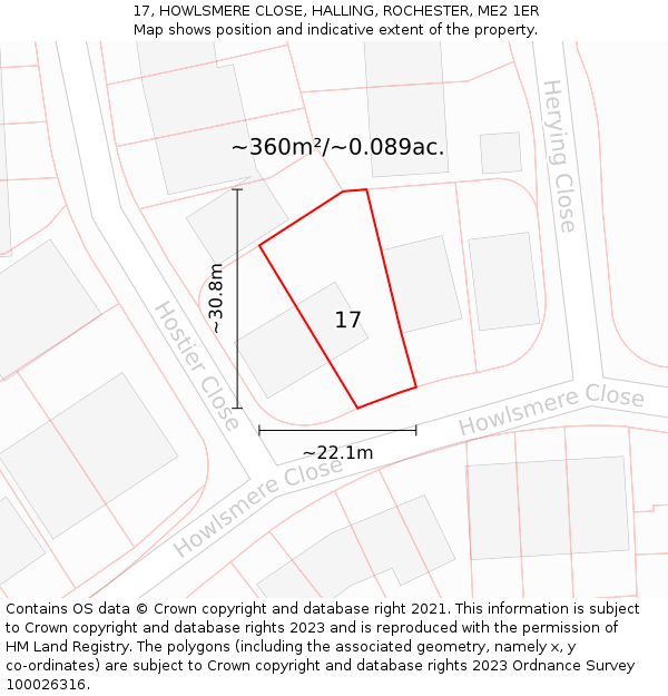 17, HOWLSMERE CLOSE, HALLING, ROCHESTER, ME2 1ER: Plot and title map