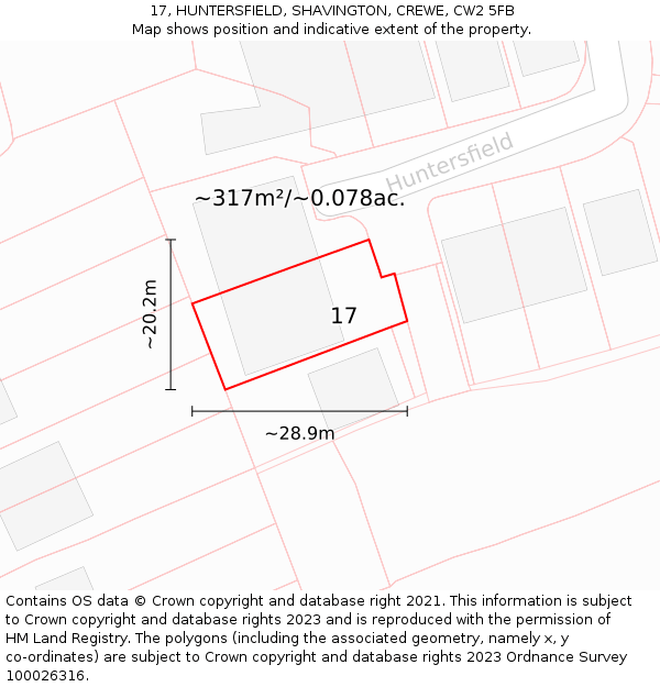 17, HUNTERSFIELD, SHAVINGTON, CREWE, CW2 5FB: Plot and title map